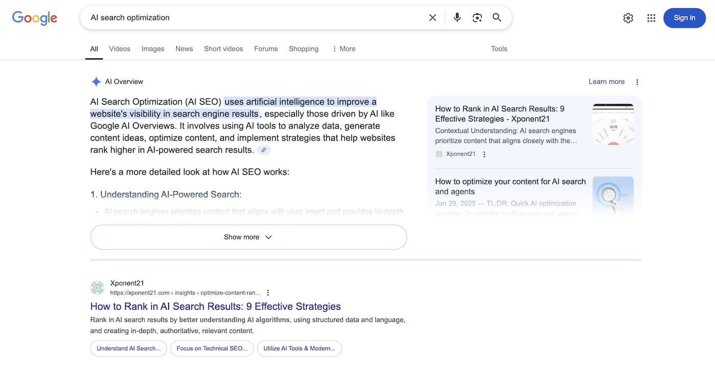 search engine optimization example
